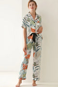 Botanical Print Button-Up Top and Pants Pajama Set