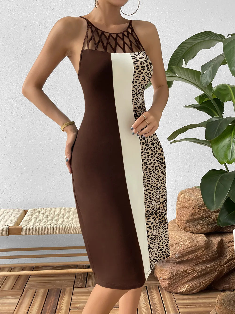 Leopard Color Block Cutout Sleeveless Knee-Length Dress