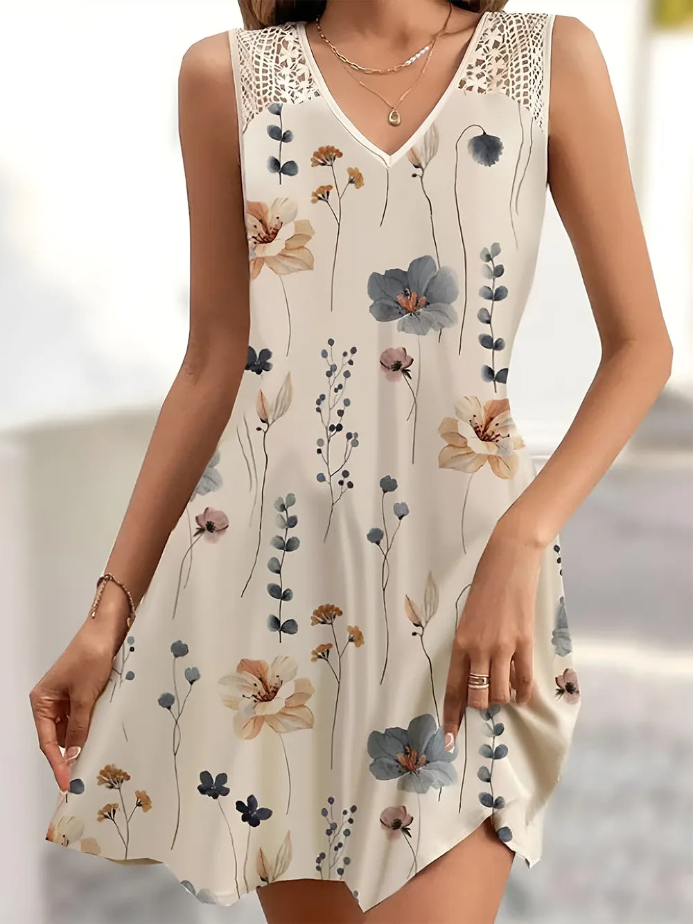 Printed V-Neck Sleeveless Mini Dress