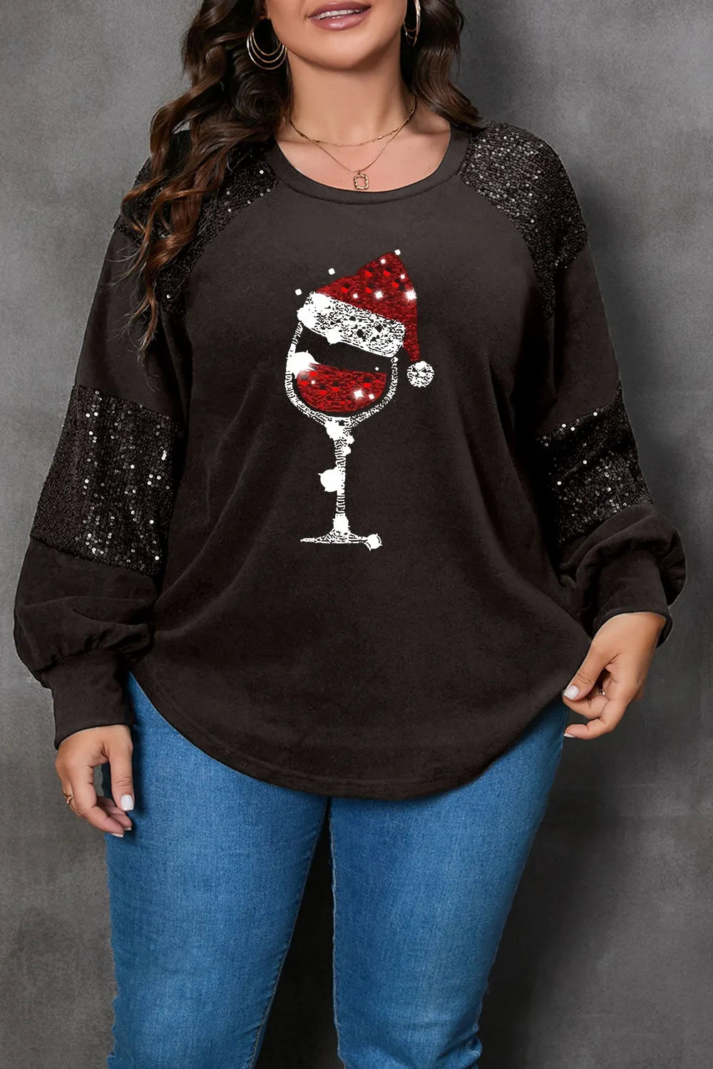 Plus Size Graphic Sequin Long Sleeve Round Neck T-Shirt