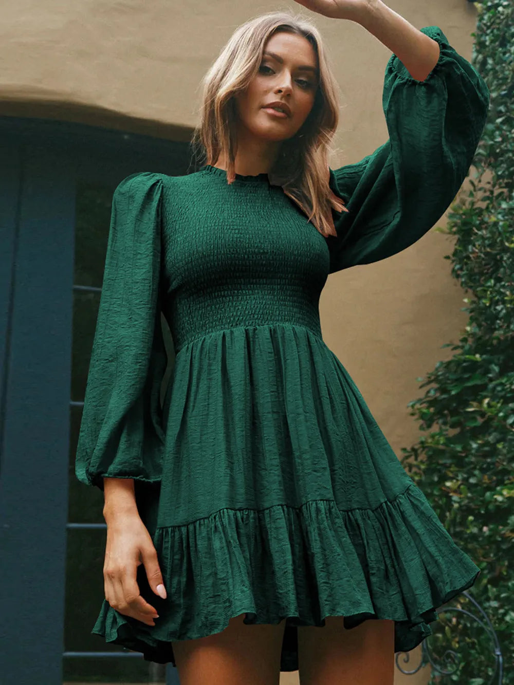 Round Neck Puff Sleeve Smocked Dress