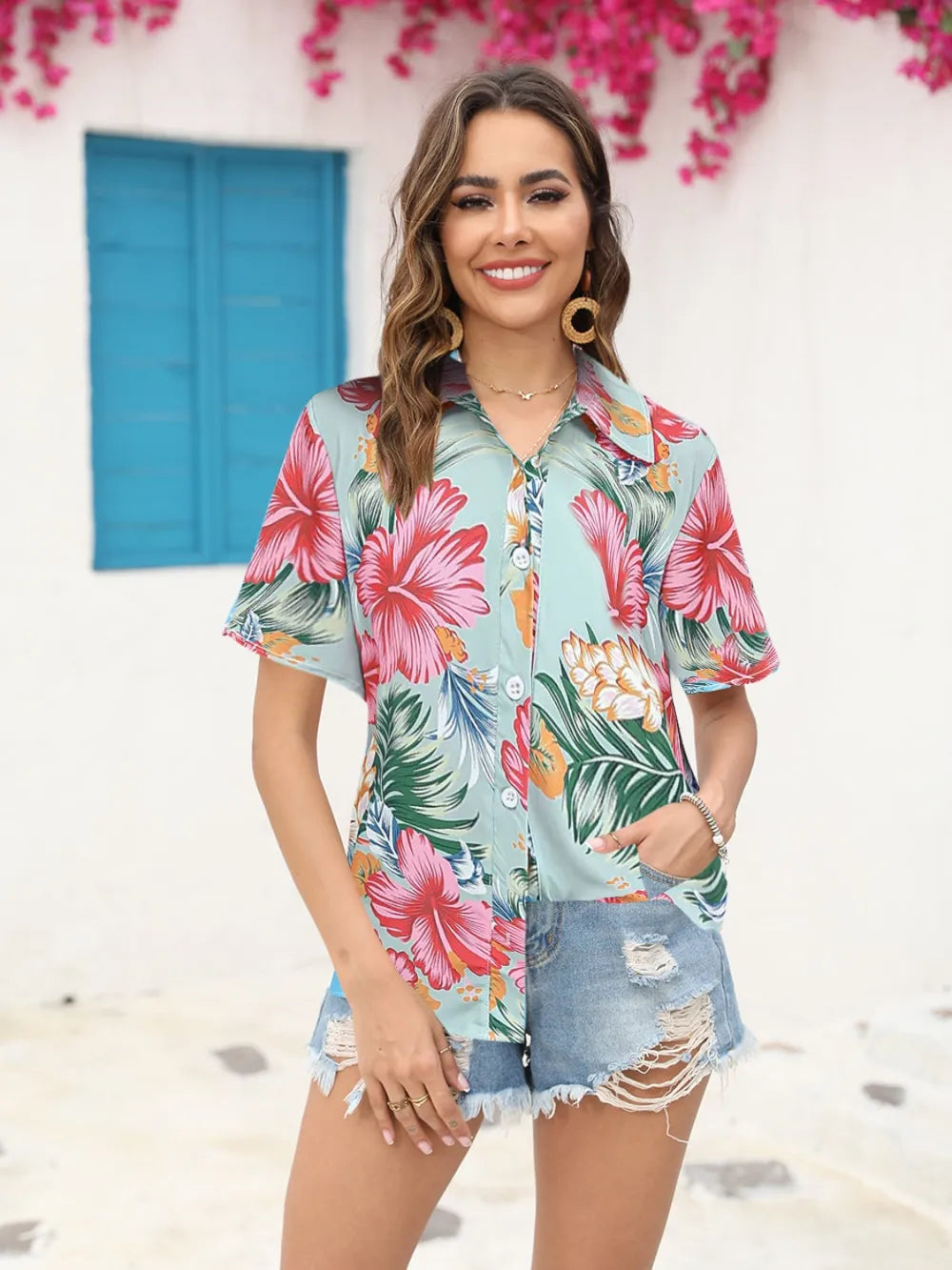 Printed Collared Neck Short Sleeve Shirt