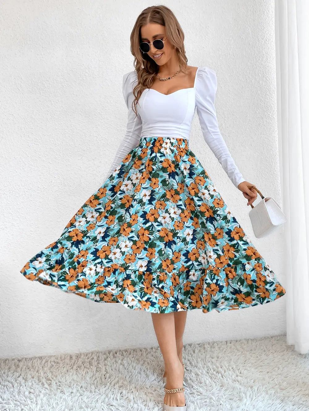 Printed Ruffle Hem Midi Skirt