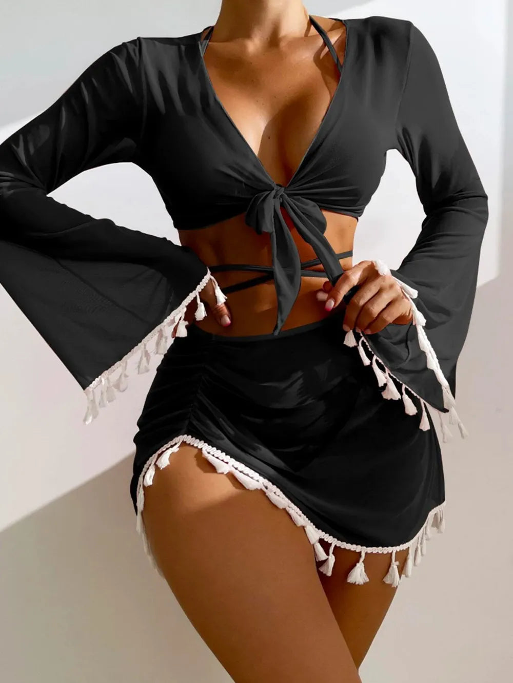 Halter Neck Bra, Bottom, Tassel Flare Sleeve Cover-Up and Skirt Four-Piece Swim Set