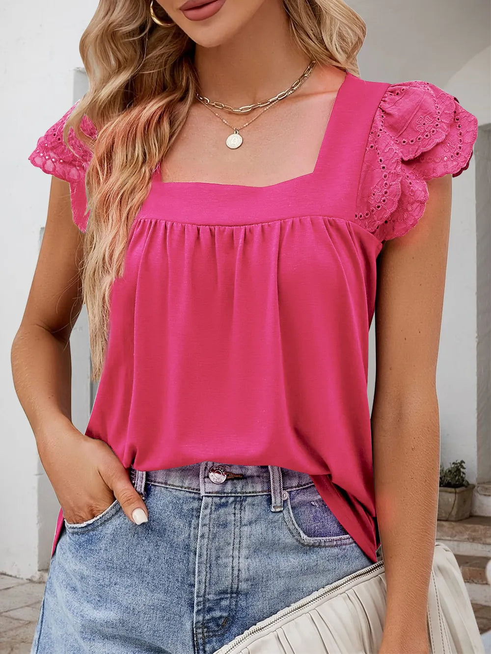 Ruffled Square Neck Cap Sleeve Blouse