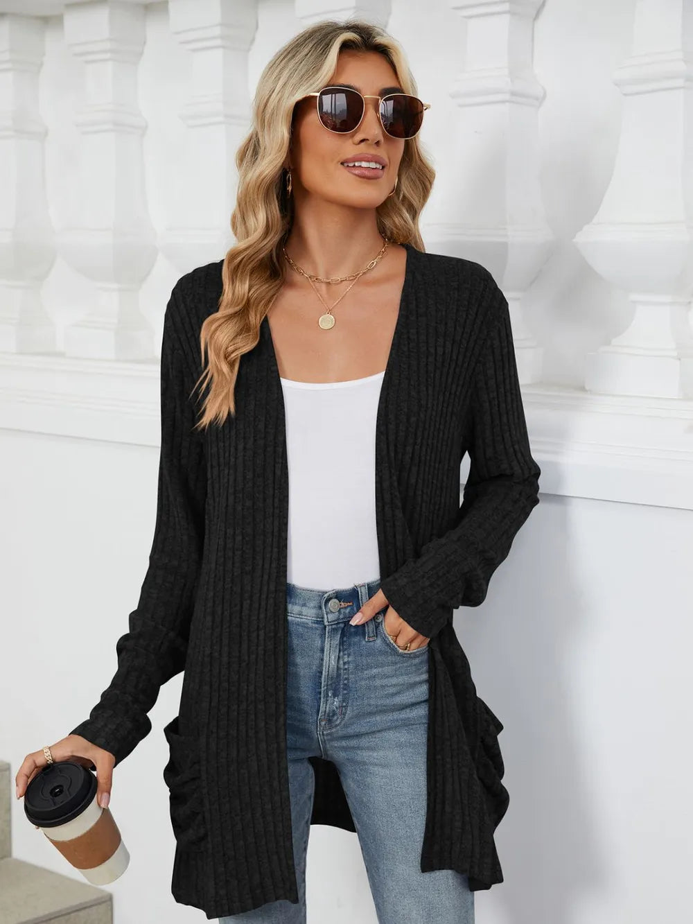 Pocketed Open Front Long Sleeve Cardigan