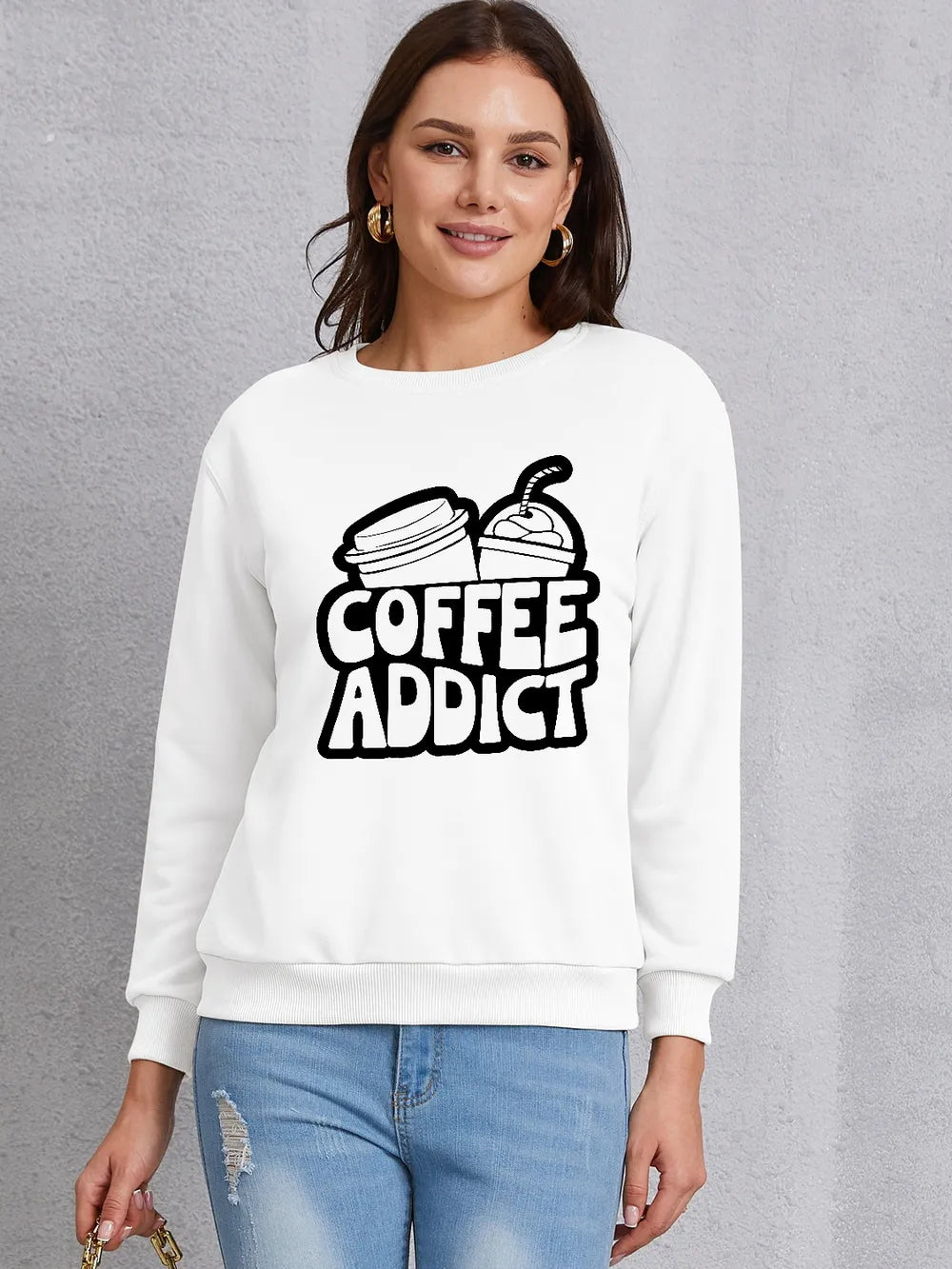 COFFEE ADDICT Round Neck Dropped Shoulder Sweatshirt