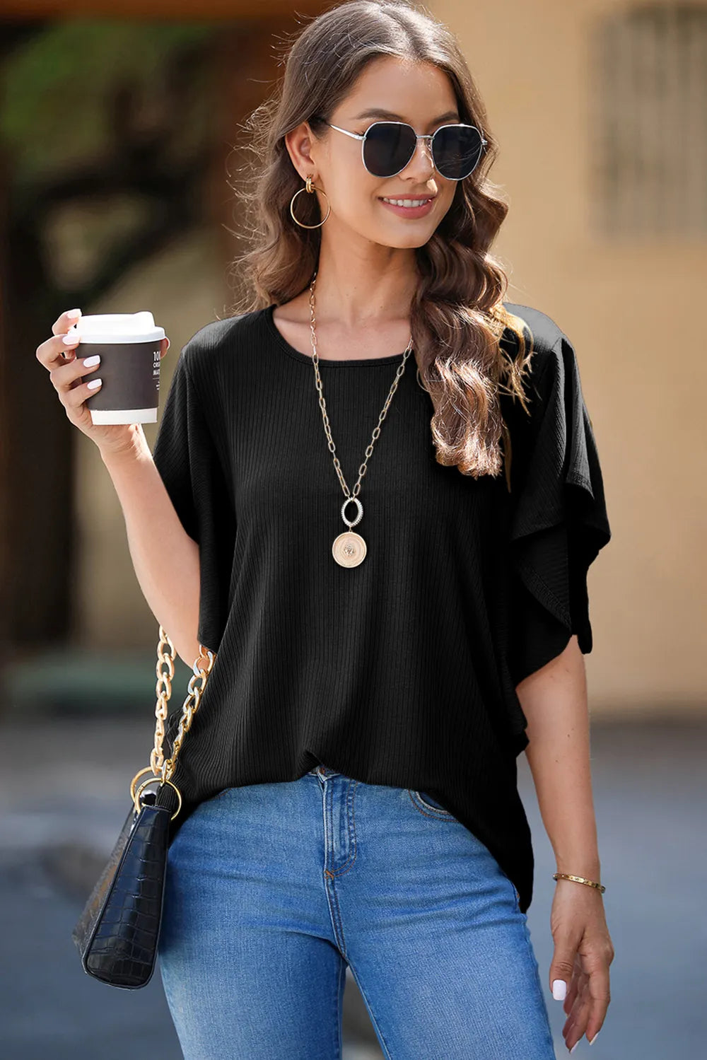 Round Neck Flutter Sleeve T-Shirt