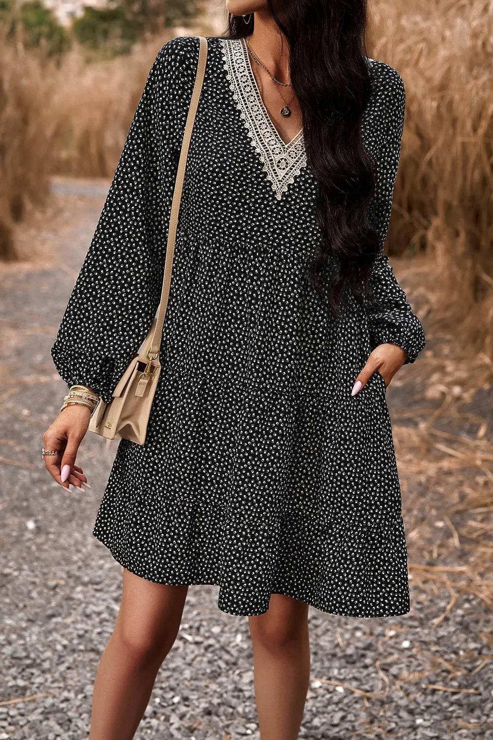 Lace Trim V-Neck Long Sleeve Dress