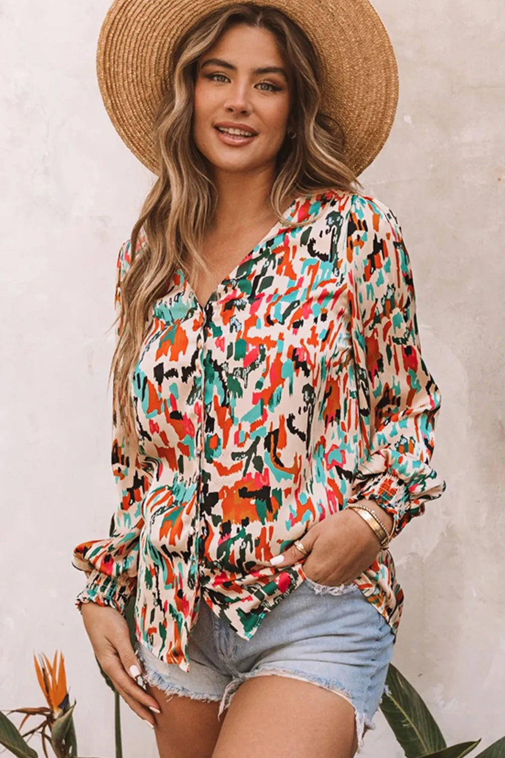 Double Take Multicolored V-Neck Lantern Sleeve Shirt