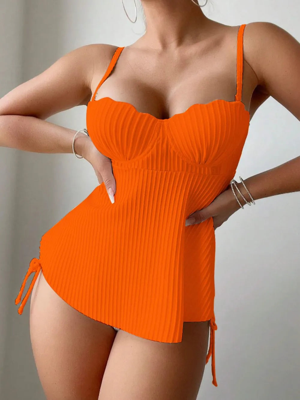 Textured Drawstring Spaghetti Strap Two-Piece Swim Set