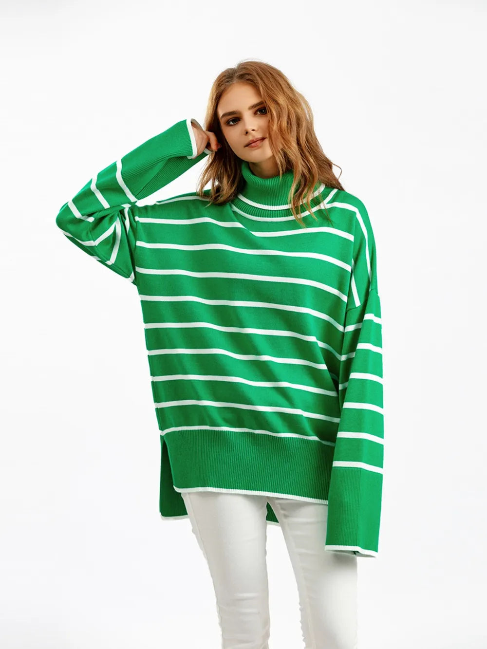 Striped Drop Shoulder Turtleneck Sweater