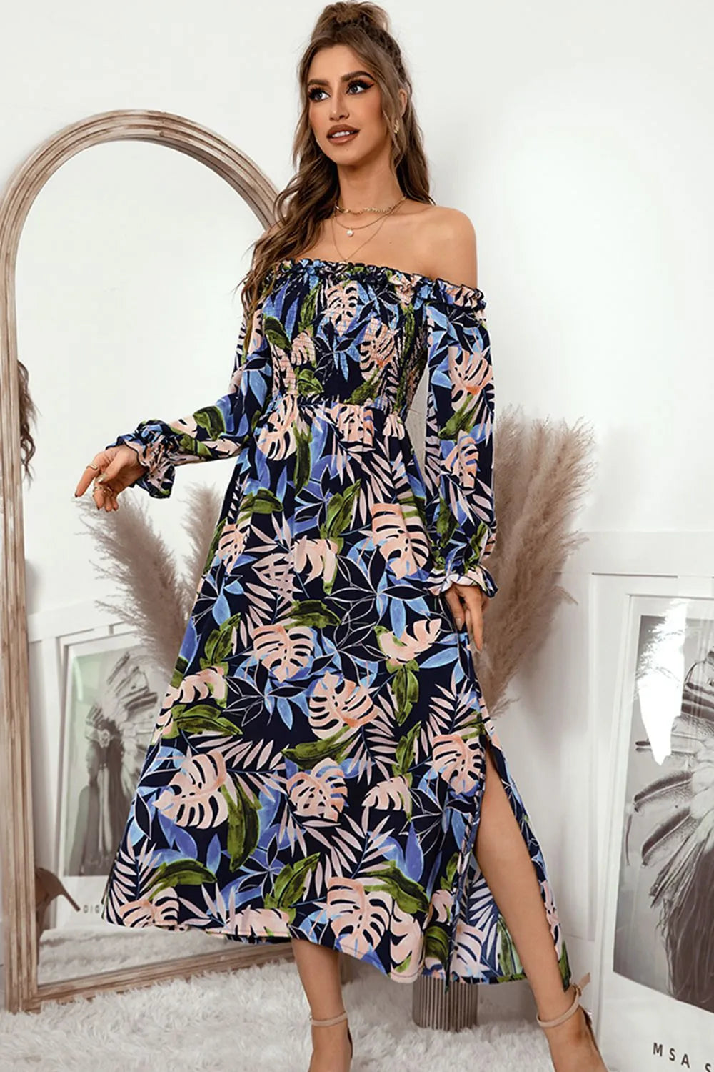 Botanical Print Off-Shoulder Flounce Sleeve Dress