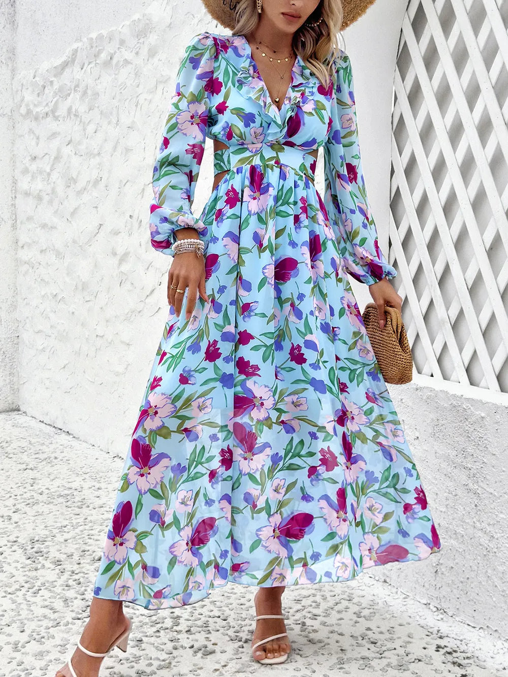 Cutout Printed V-Neck Balloon Sleeve Dress