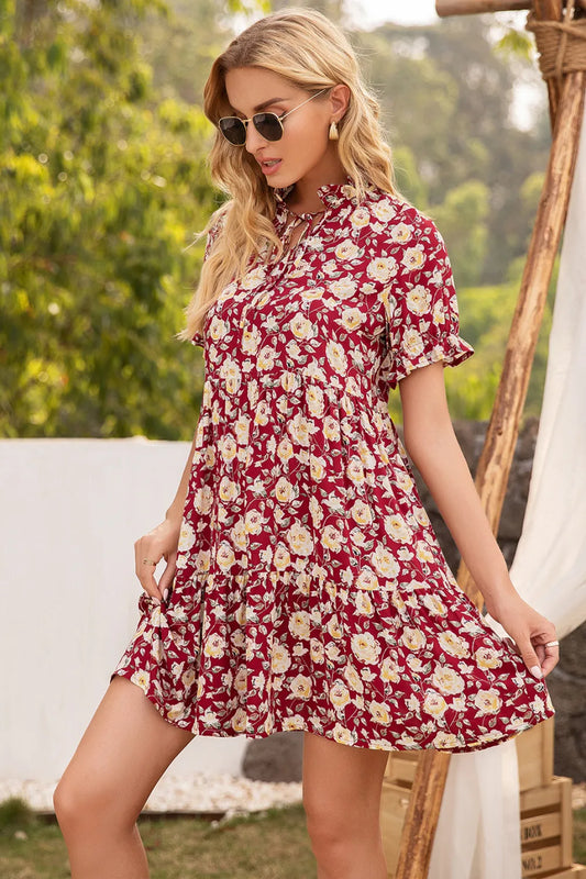 Floral Ruffle Trim Tie-Neck Dress