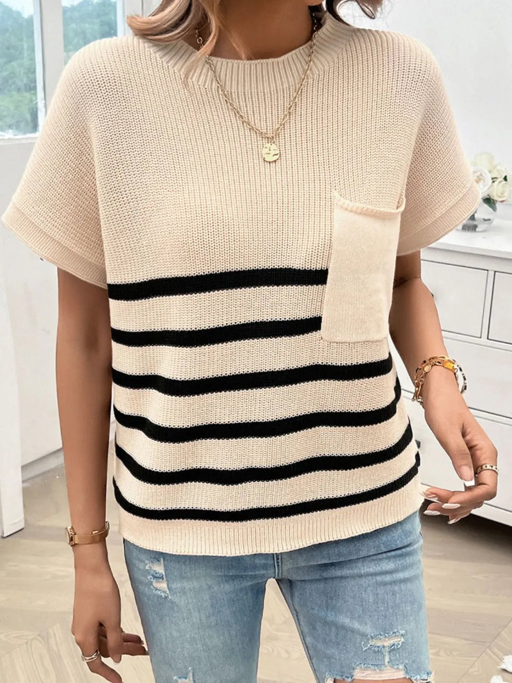 Striped Round Neck Short Sleeve Sweater