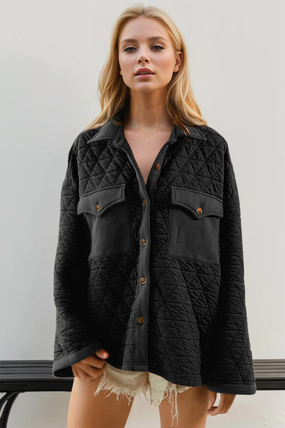 Double Take Full Size Button Up Long Sleeve Quilted Shacket