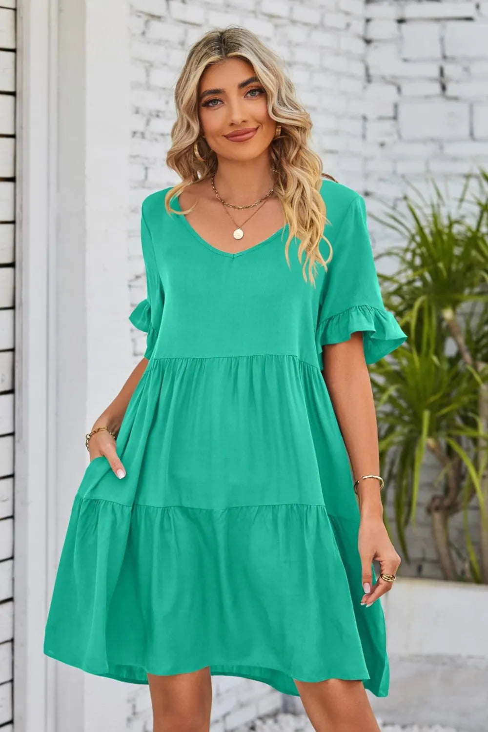 V-Neck Flounce Sleeve Tiered Dress