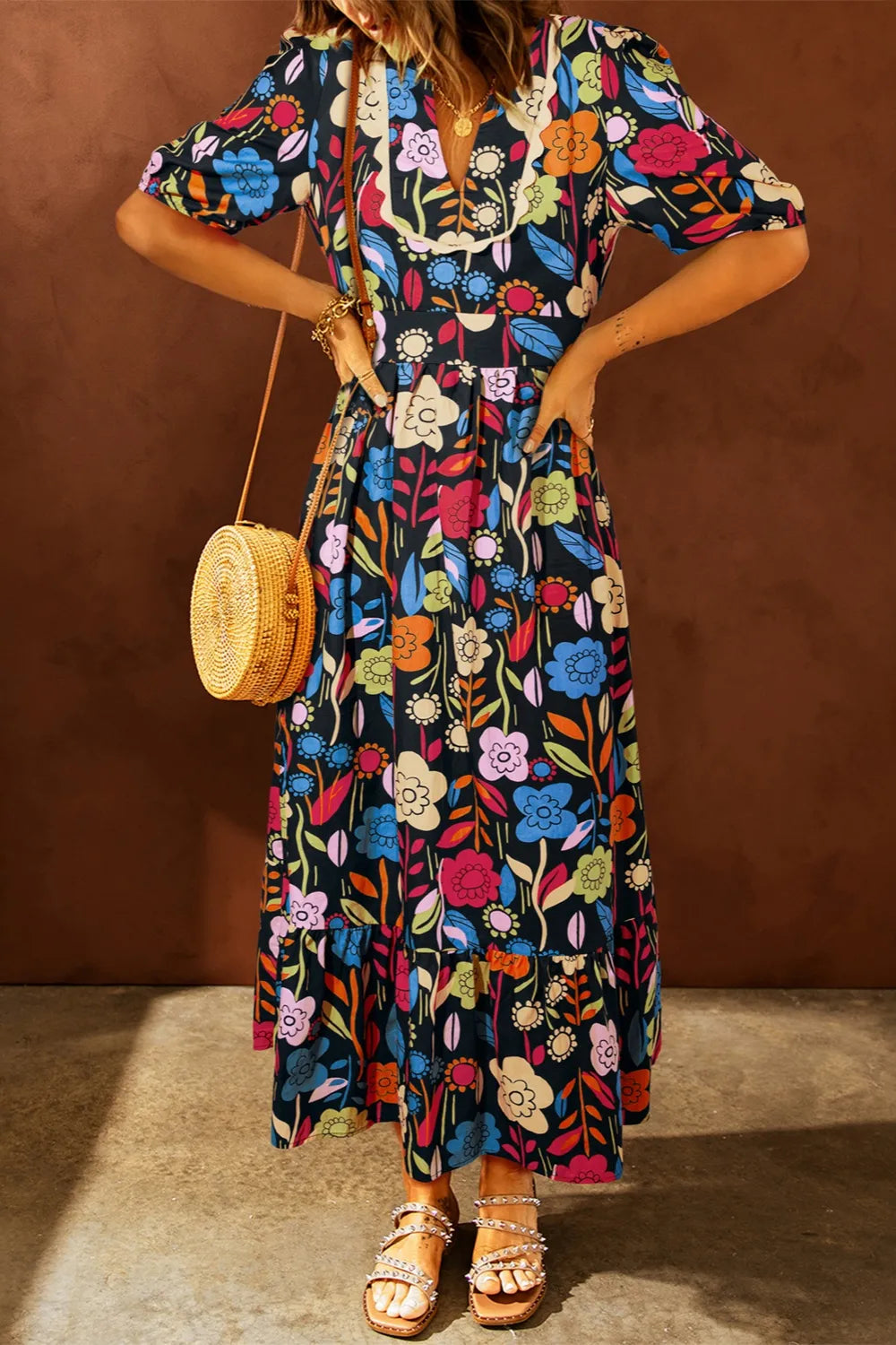 Printed V-Neck Half Sleeve Midi Dress