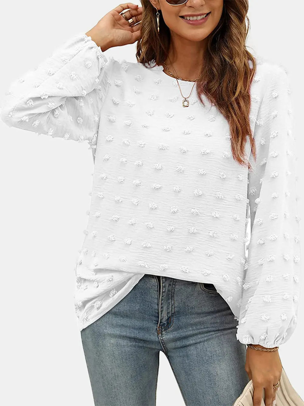 Swiss Dot Round Neck Long Sleeve Blouse