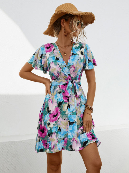 Printed Surplice Tie Waist Mini Dress