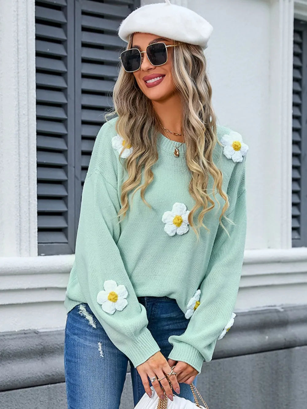 Flower Round Neck Long Sleeve Sweater