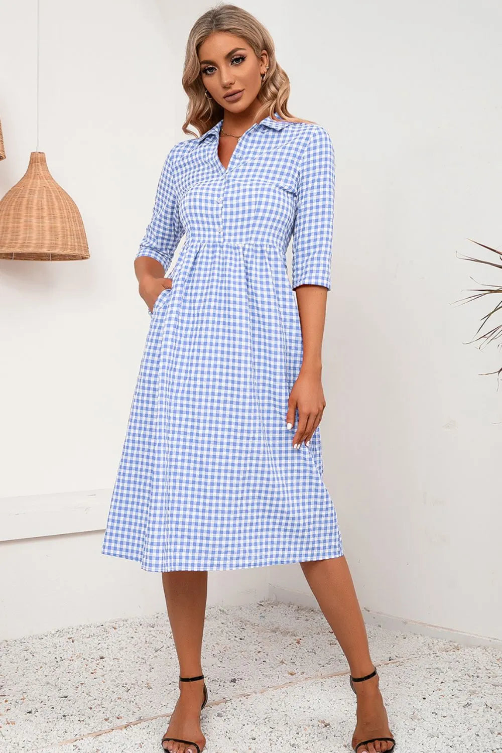 Plaid Collared Neck Midi Dress