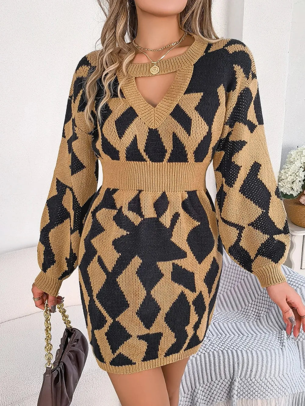 Contrast Round Neck Cutout Long Sleeve Mini Sweater Dress