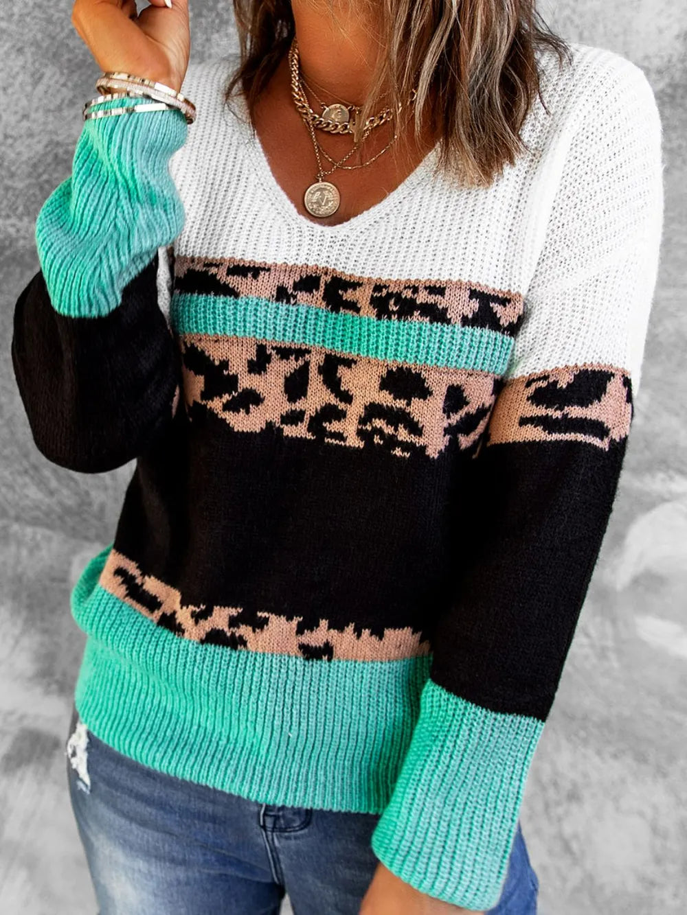 Woven Right Leopard Color Block V-Neck Rib-Knit Sweater