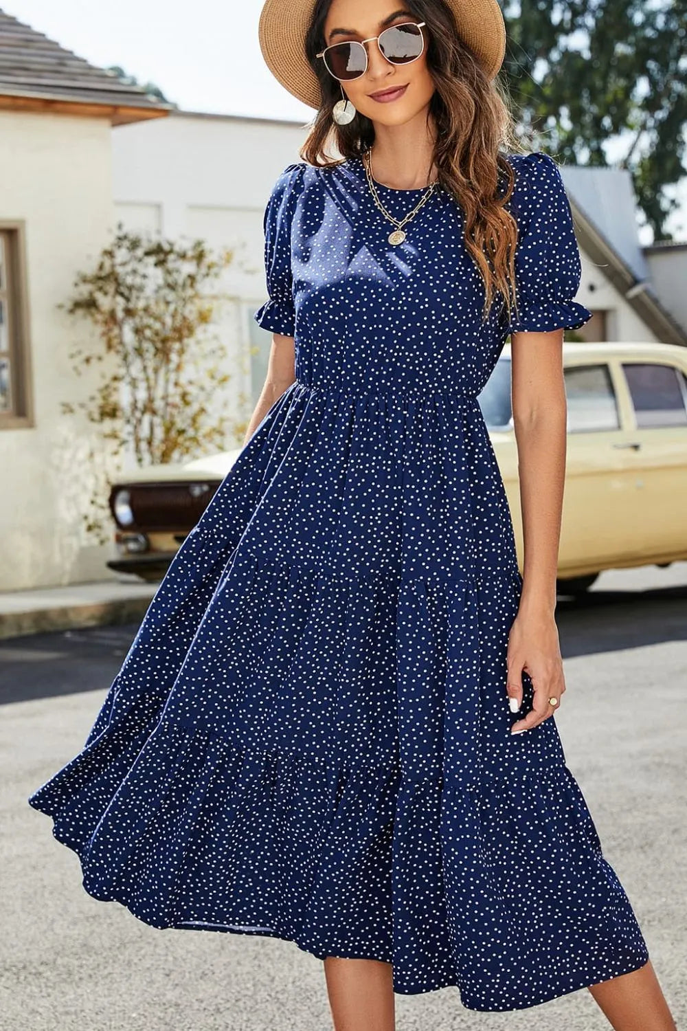 Polka Dot Short Flounce Sleeve Tiered Midi Dress