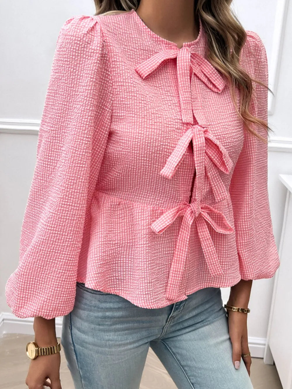 Tied Round Neck Long Sleeve Blouse