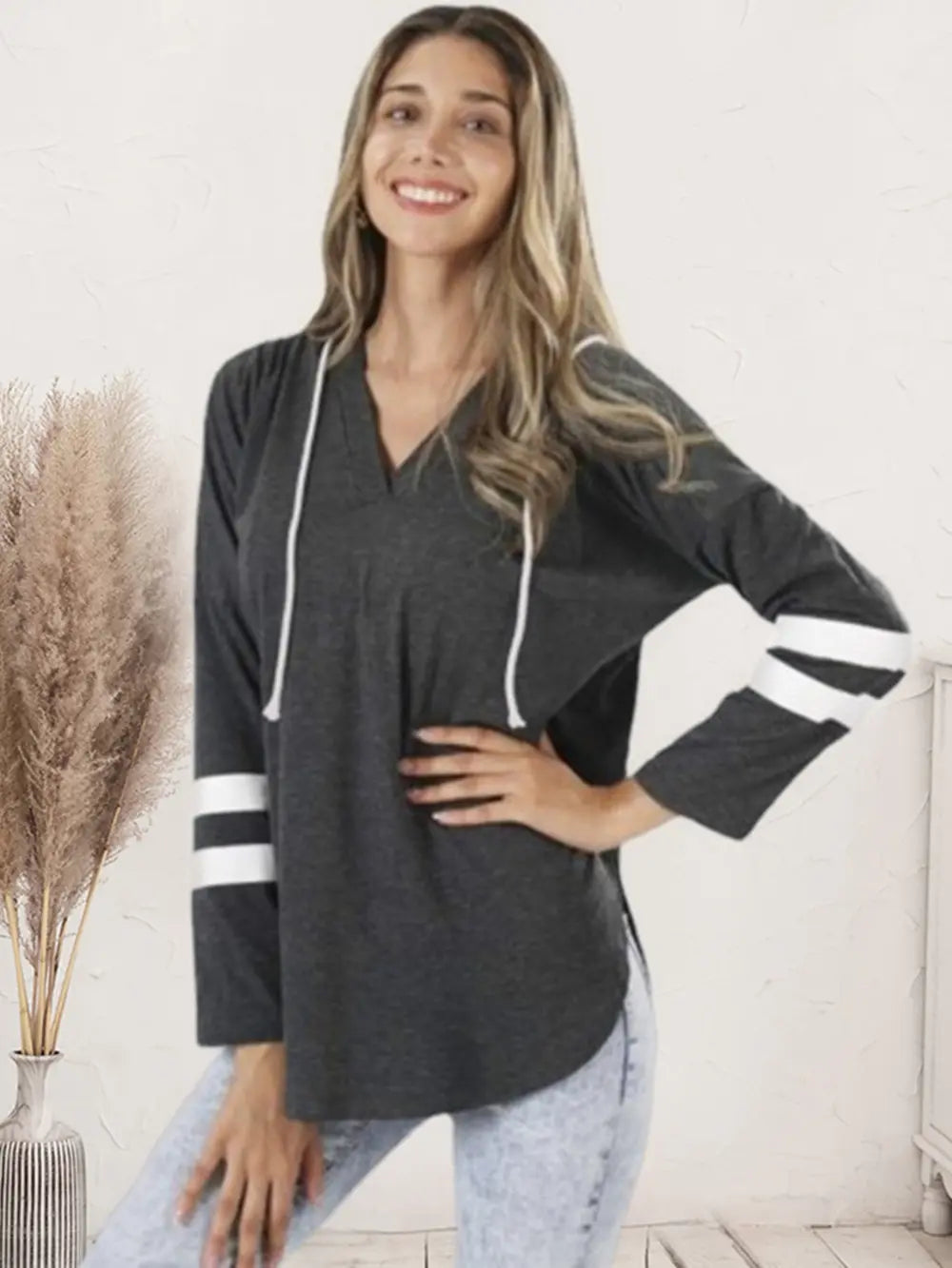 Striped V-Neck Drastring Hoodie