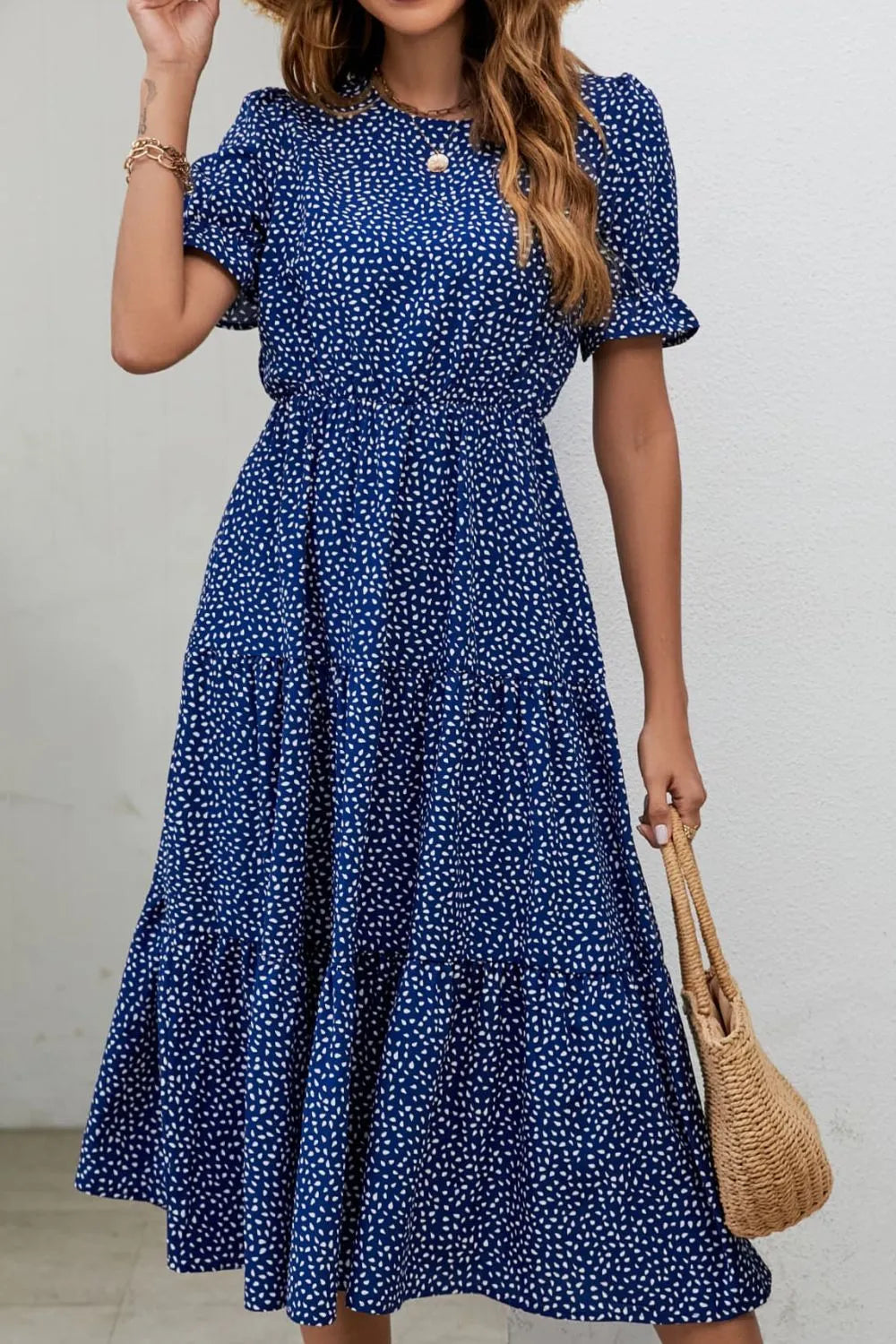 Polka Dot Short Flounce Sleeve Tiered Midi Dress