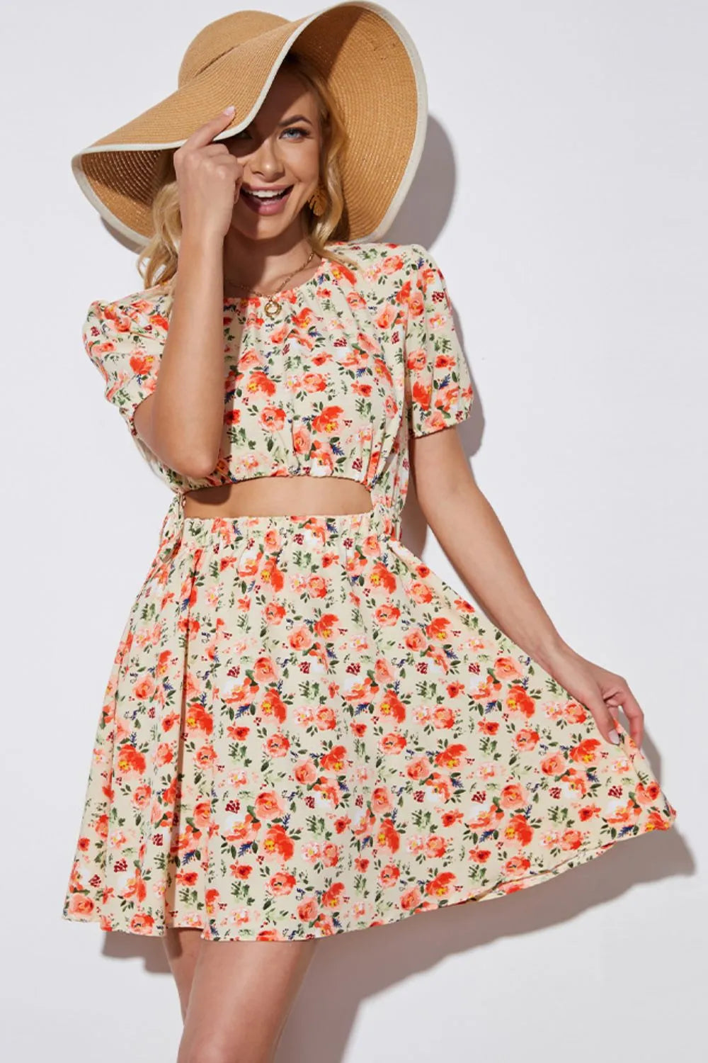 Floral Cutout Short Puff Sleeve Dress