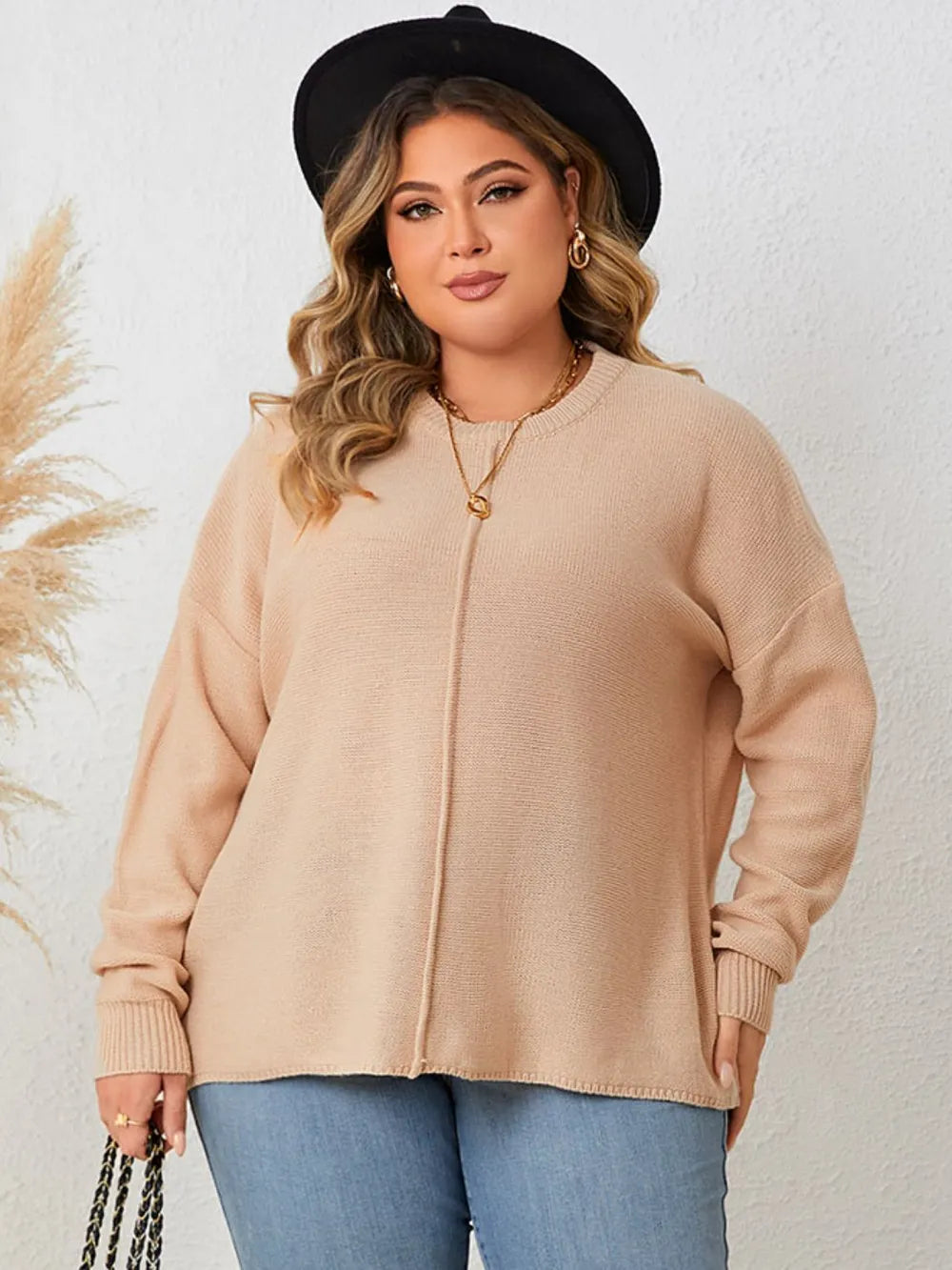 Plus Size Round Neck Drop Shoulder Long Sleeve Sweater