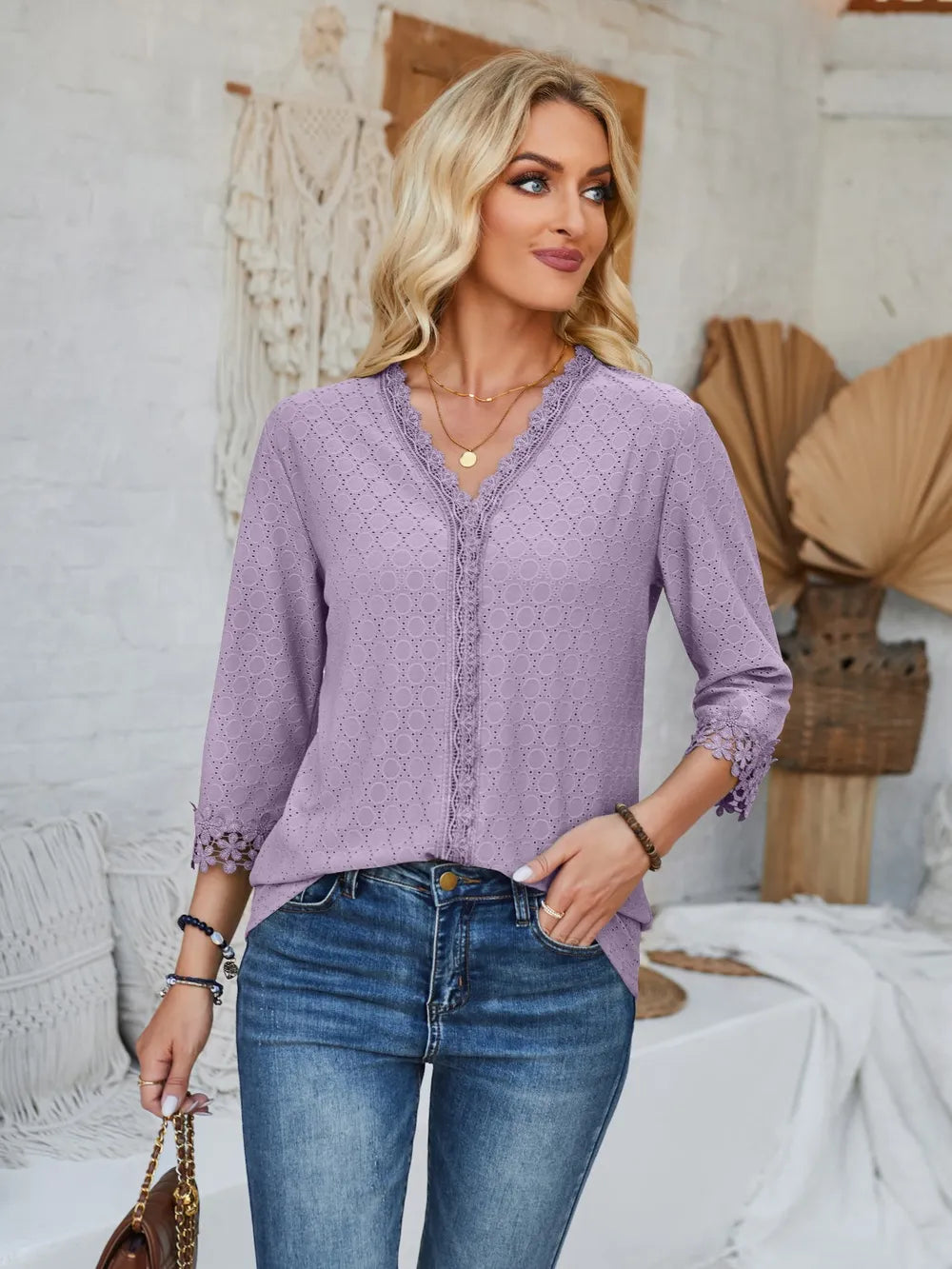 Lace Detail V-Neck Three-Quarter Sleeve Blouse