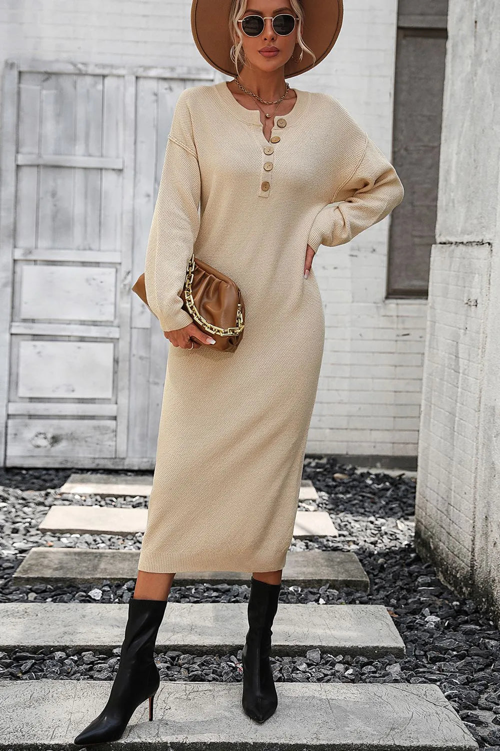 Notched Neck Dropped Shoulder Button-Down Midi Dress