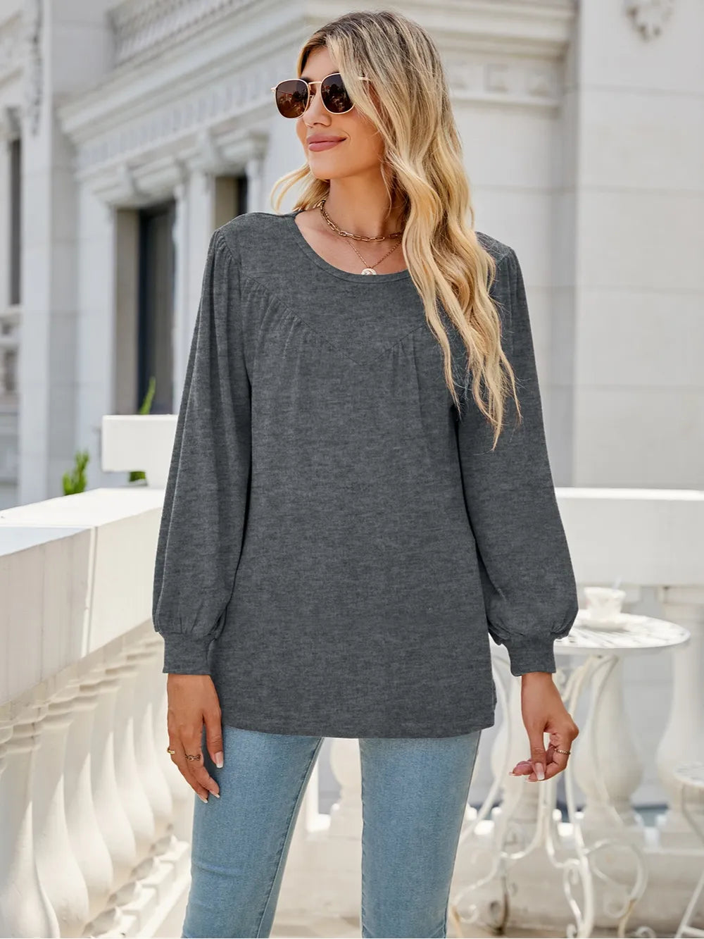 Heathered Round Neck Lantern Sleeve Blouse