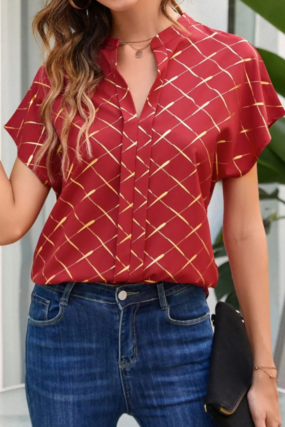 Printed Notched Short Sleeve Blouse