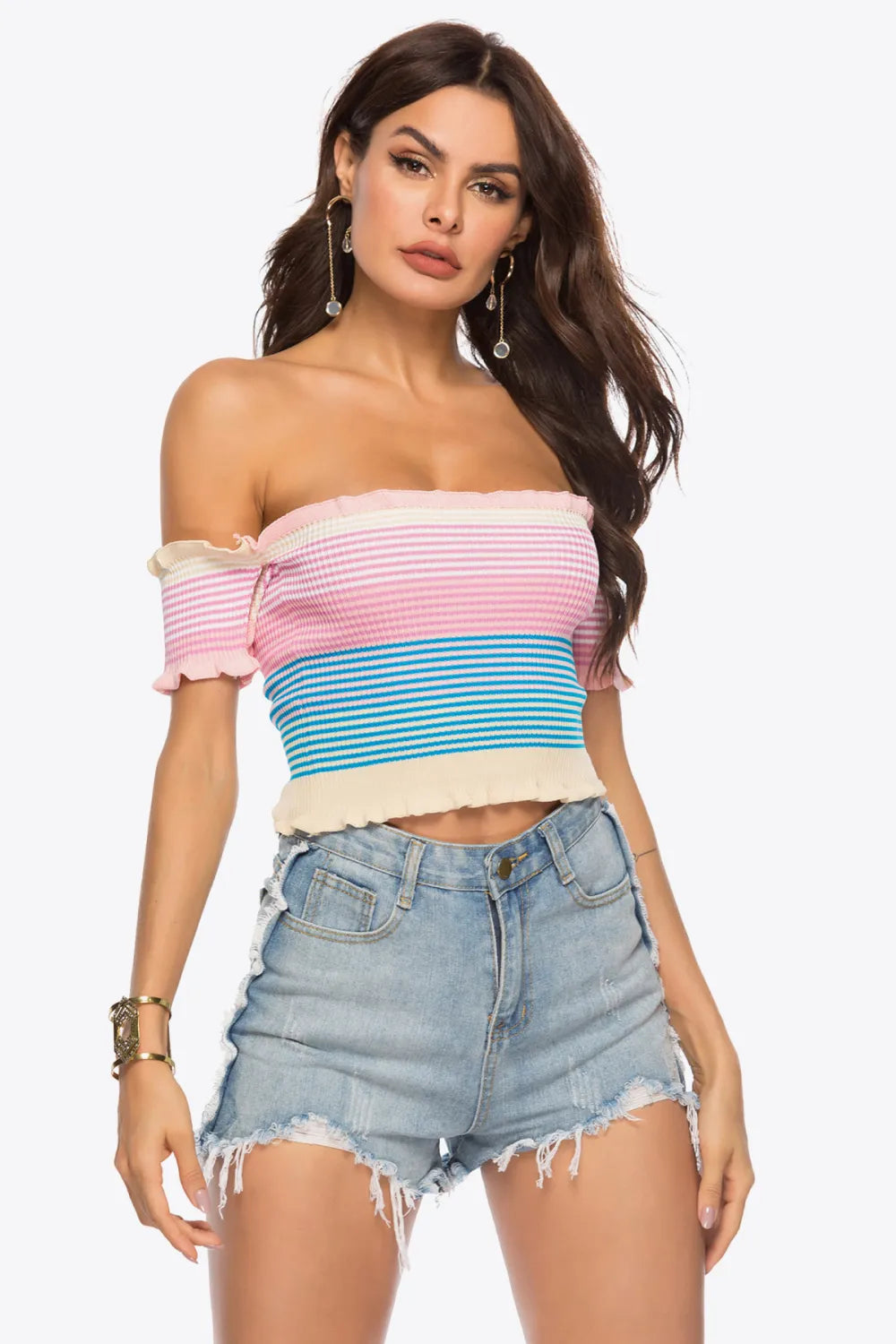 Striped Off-Shoulder Frill Hem Knit Top