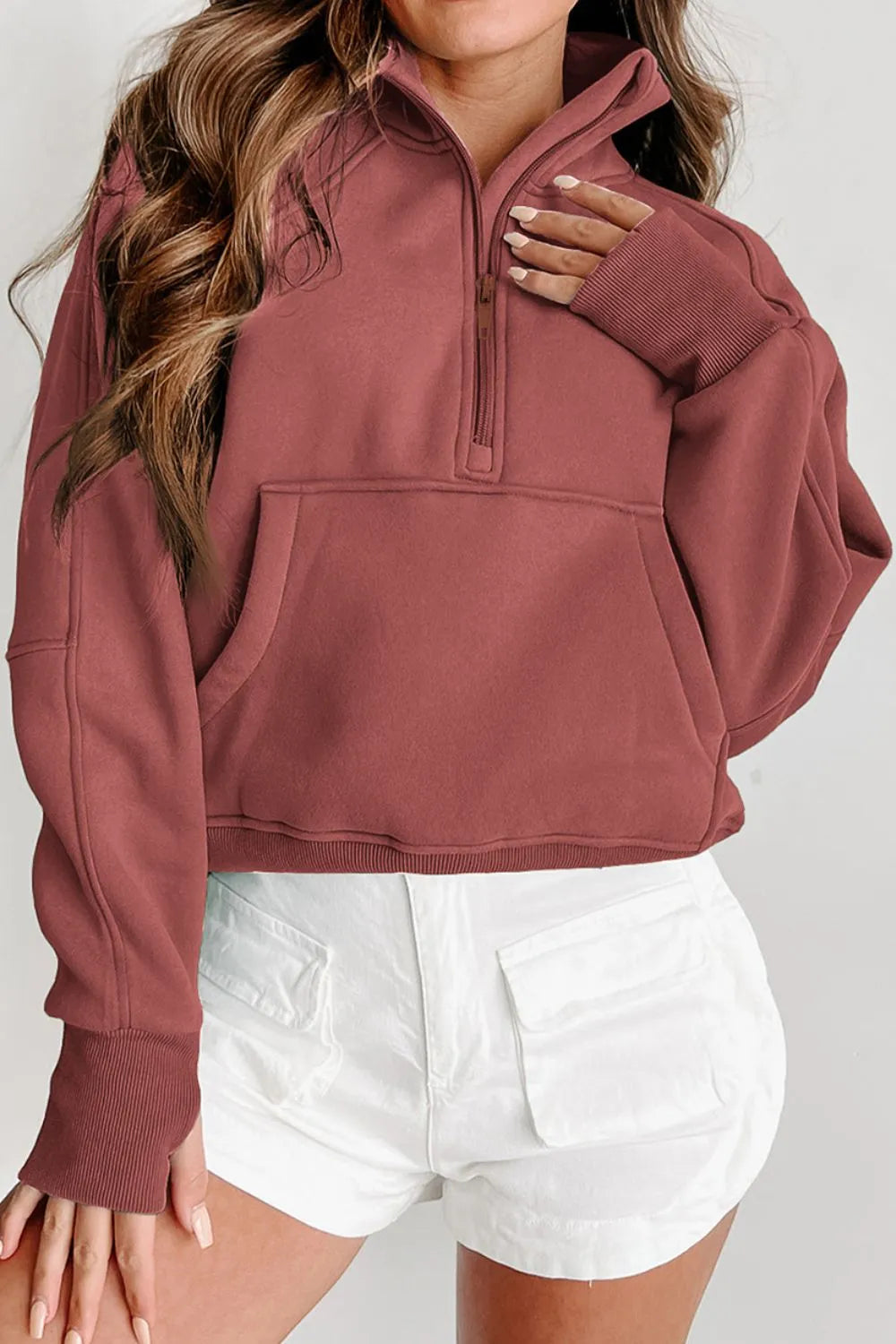 Zip-Up Collared Neck Raglan Sleeve Sweatshirt