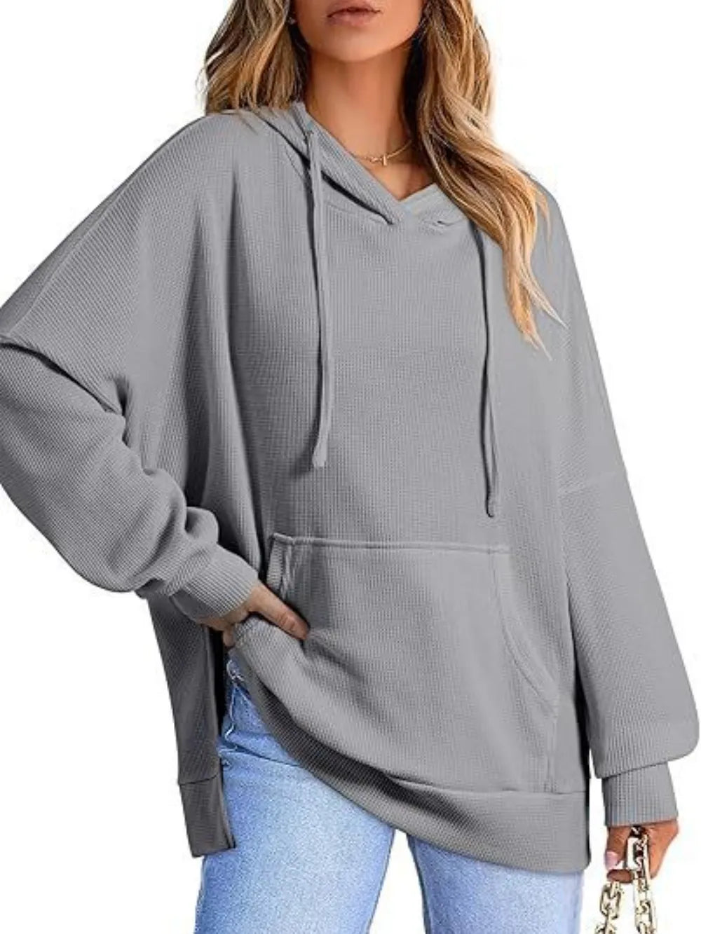 Drawstring Slit Long Sleeve Hoodie