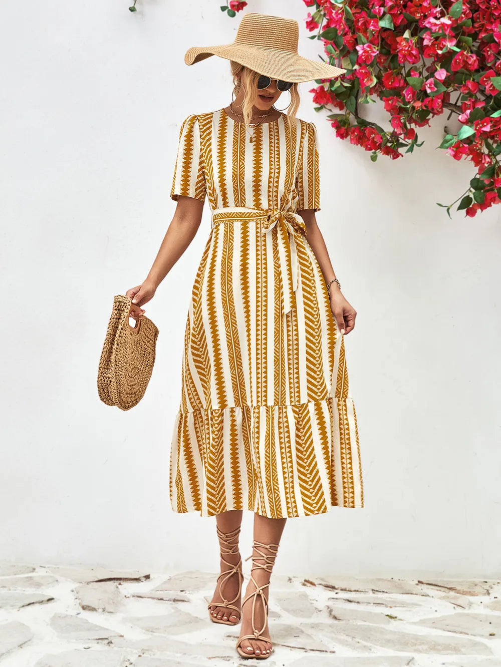 Striped Tie Belt Round Neck Puff Sleeve Dress