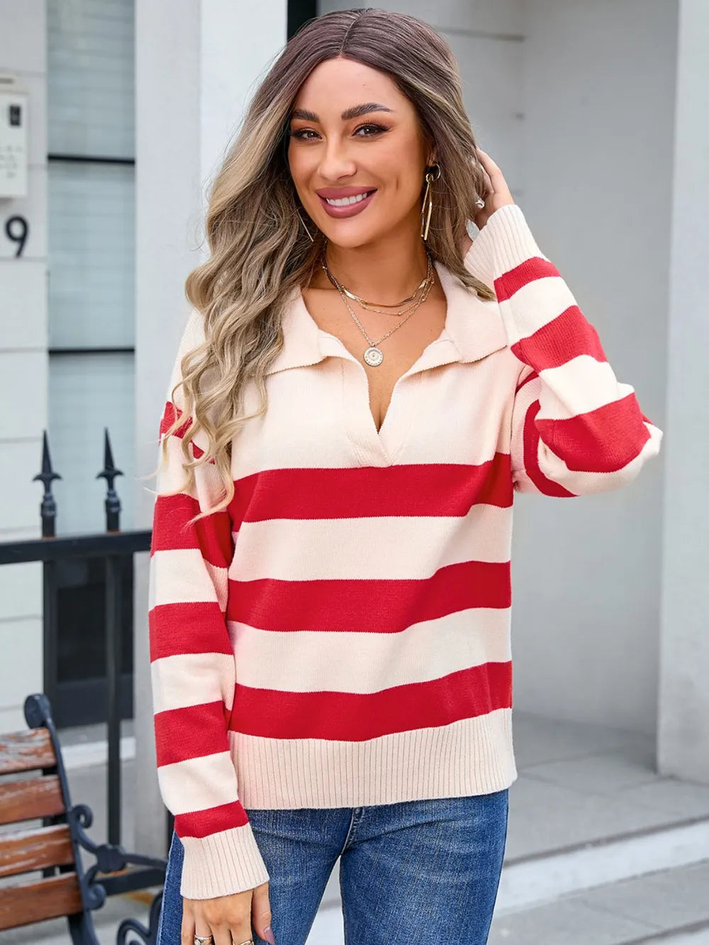 Striped Johnny Collar Knit Top