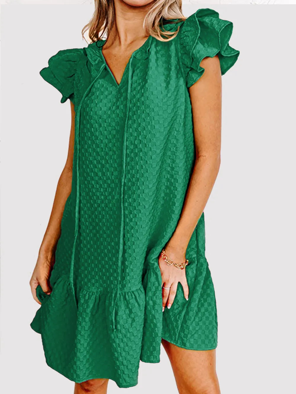 Ruffled Tie Neck Cap Sleeve Dress