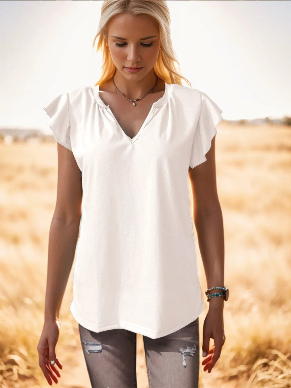 Ruffled Notched Cap Sleeve Tank