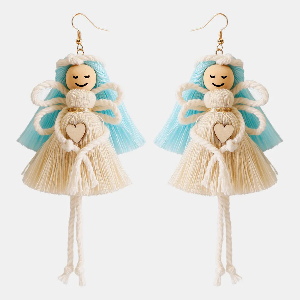 Wood Cotton Cord Brass Angel Dangle Earrings