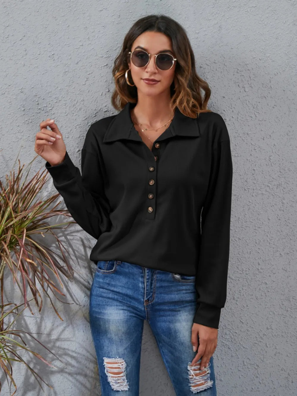 Half Button Dropped Shoulder Blouse