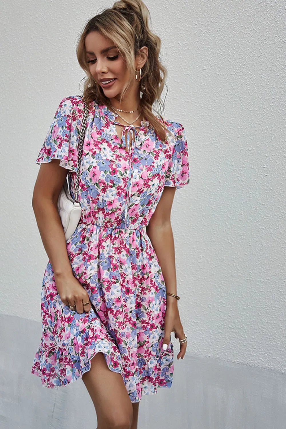 Floral Tie-Neck Flutter Sleeve Mini Dress