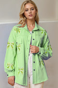 Double Take Full Size Sequin Bow Button Up Shacket